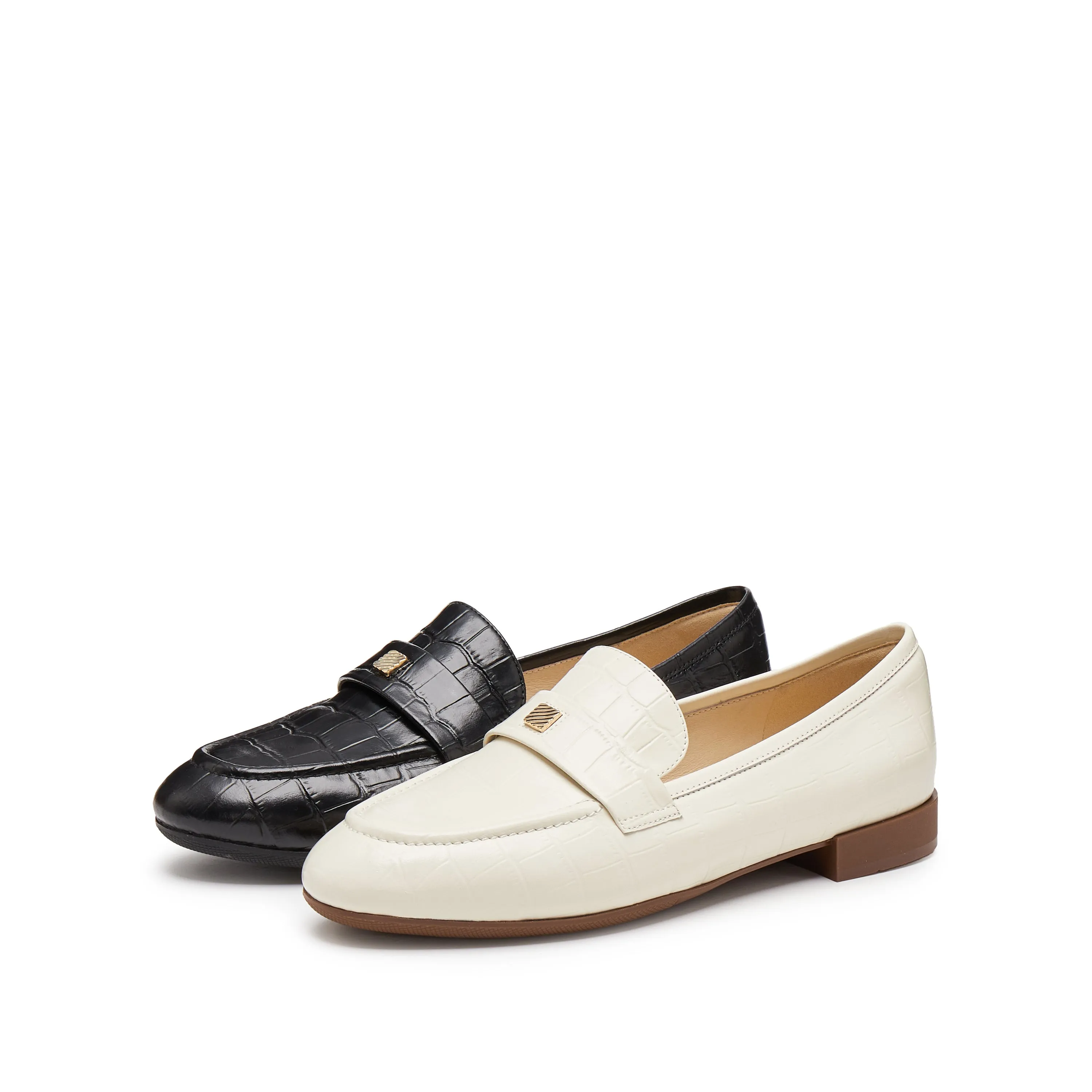 Beige Embossed Minimal Loafers With Golden Square