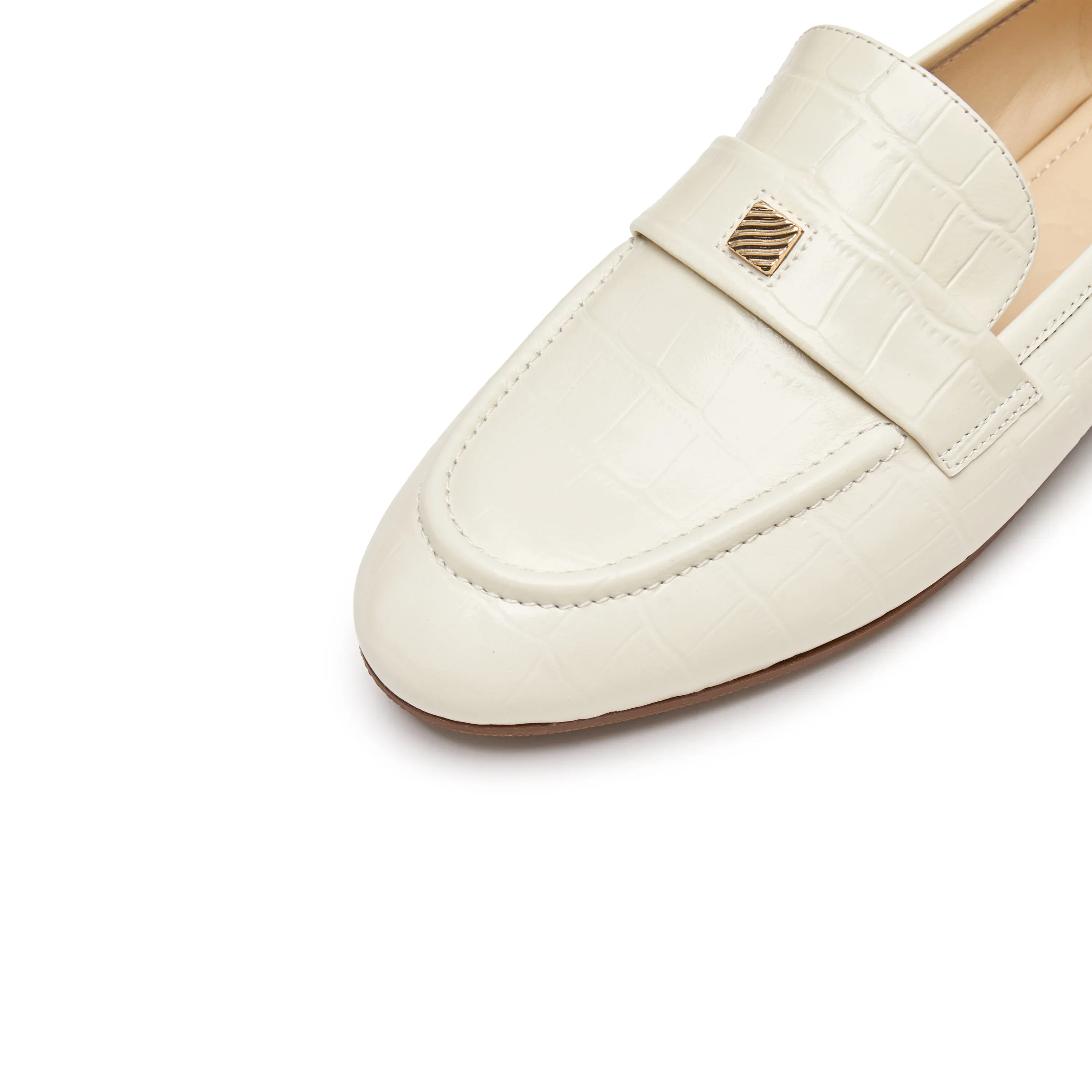 Beige Embossed Minimal Loafers With Golden Square