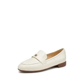 Beige Embossed Minimal Loafers With Golden Square