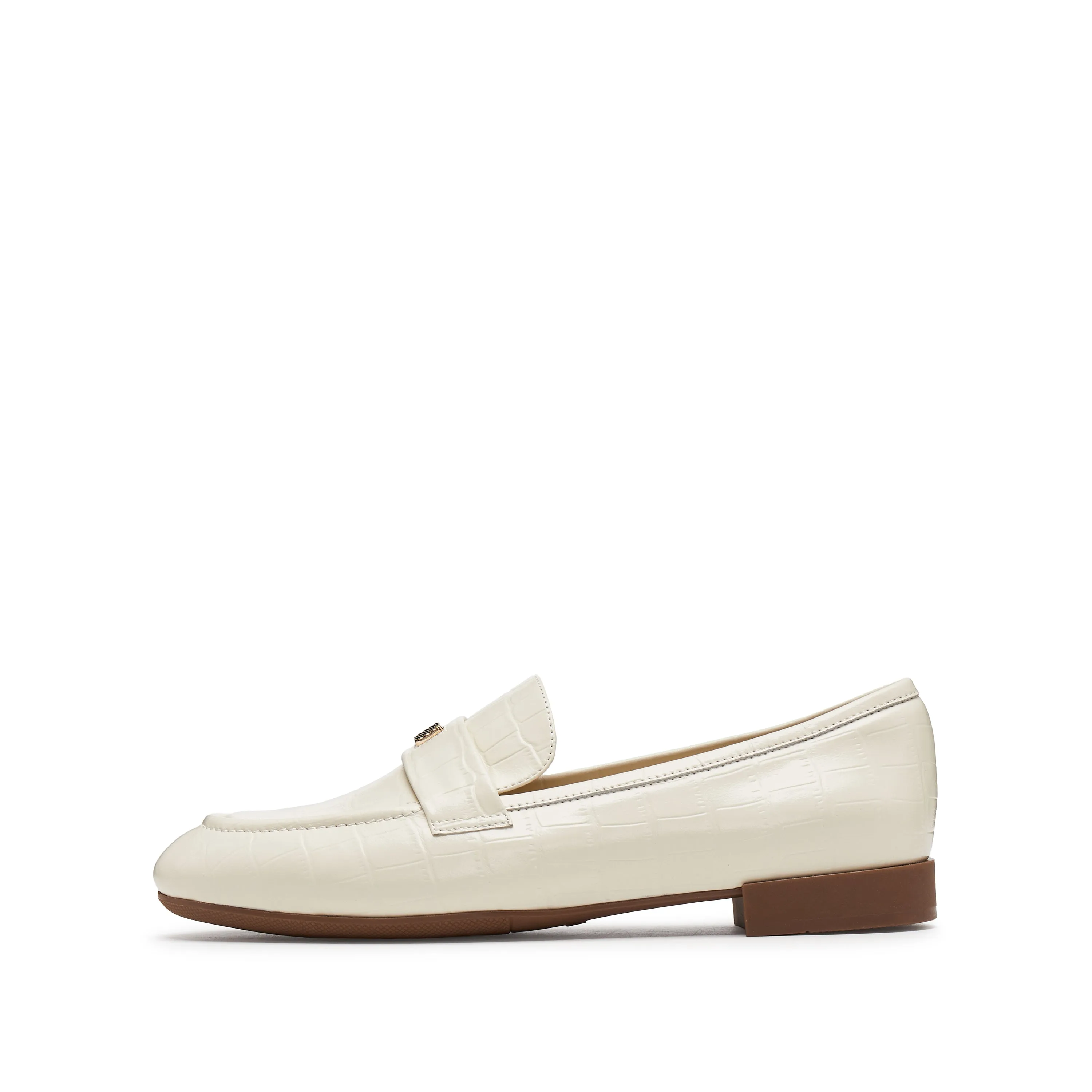 Beige Embossed Minimal Loafers With Golden Square