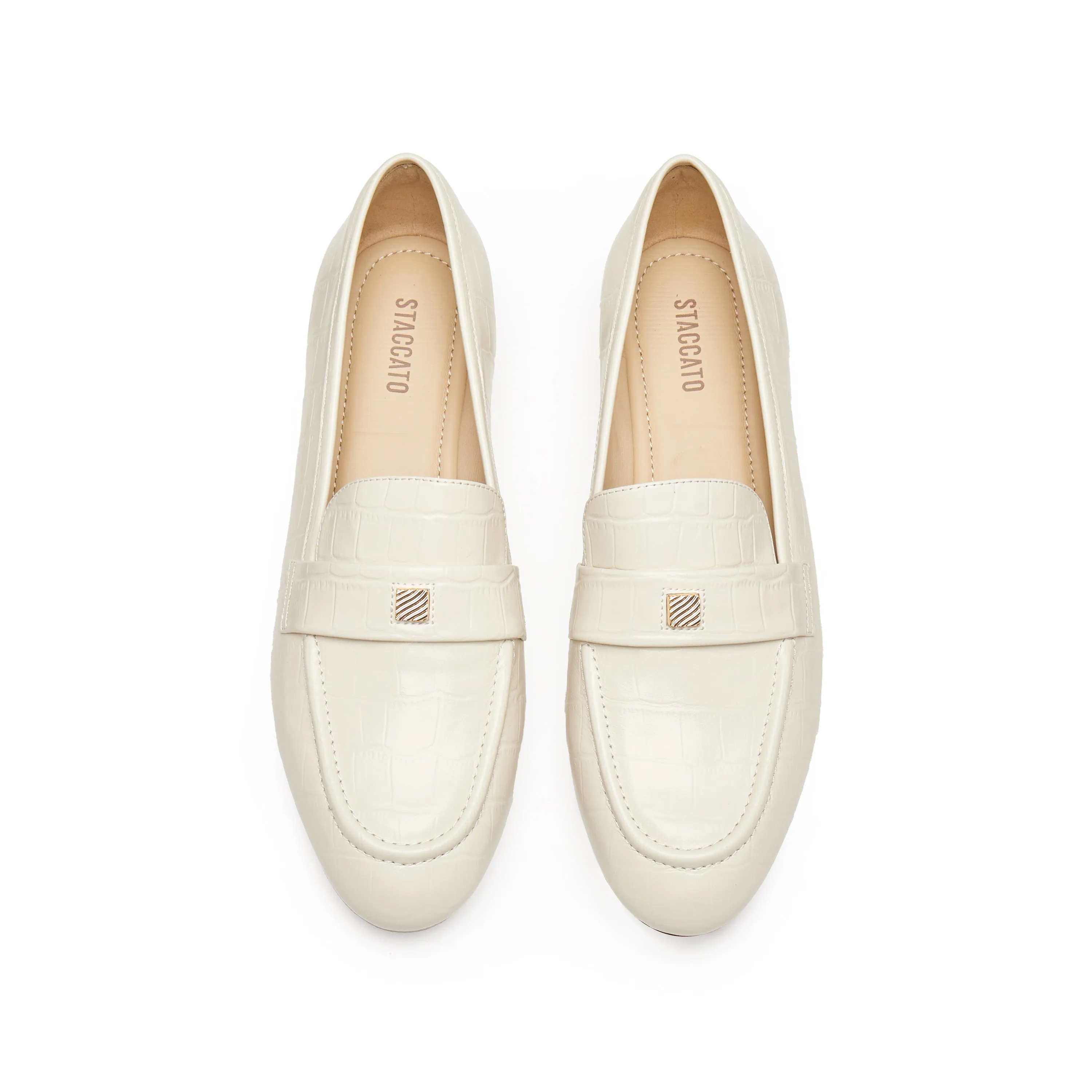 Beige Embossed Minimal Loafers With Golden Square