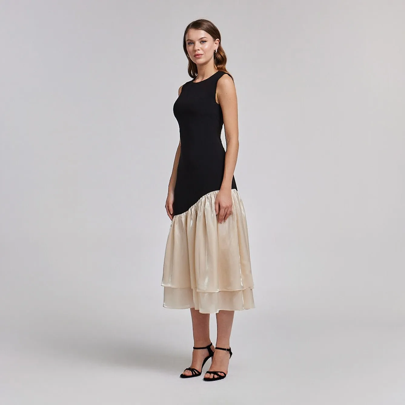 Black Crepe Dress with Organza Ruffles