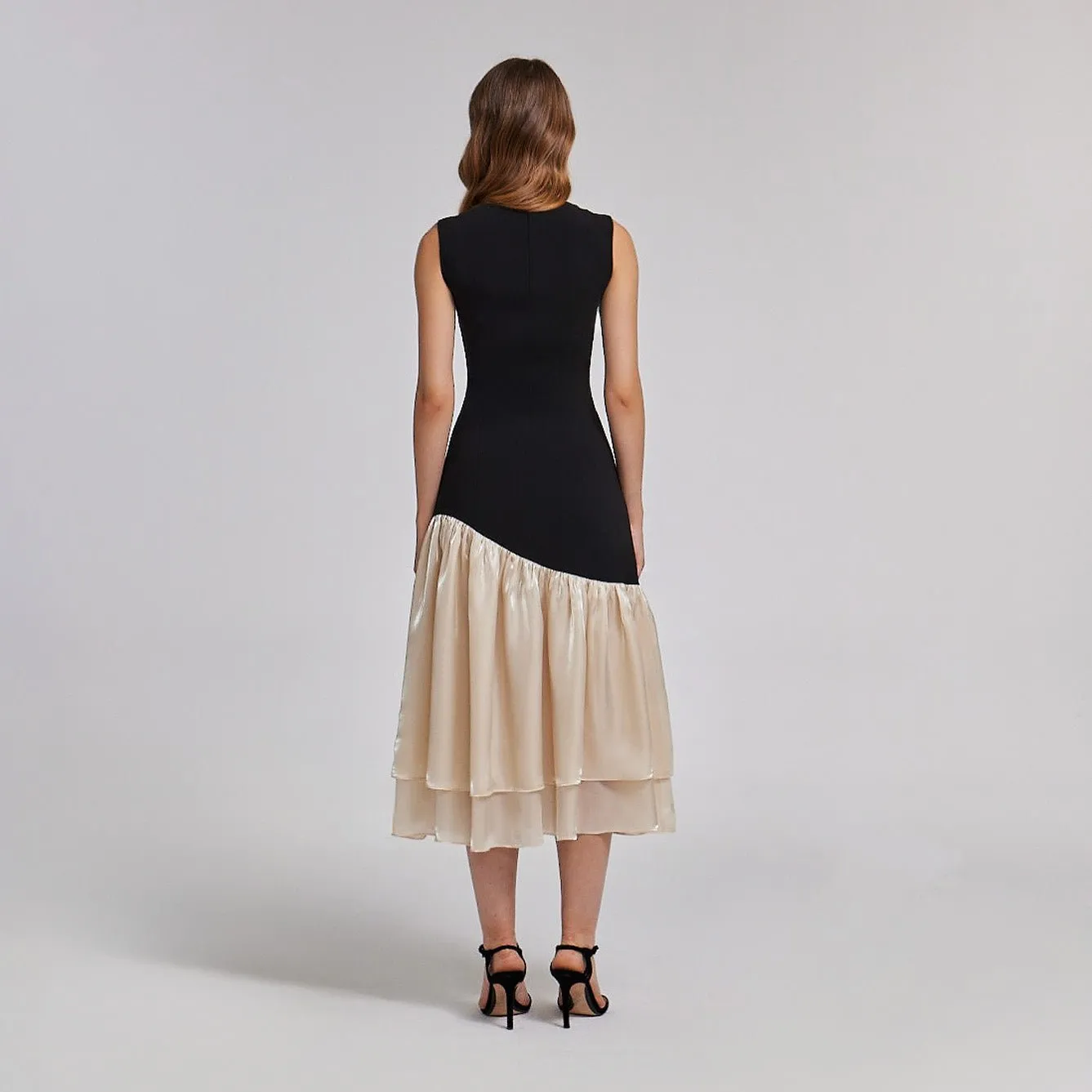Black Crepe Dress with Organza Ruffles