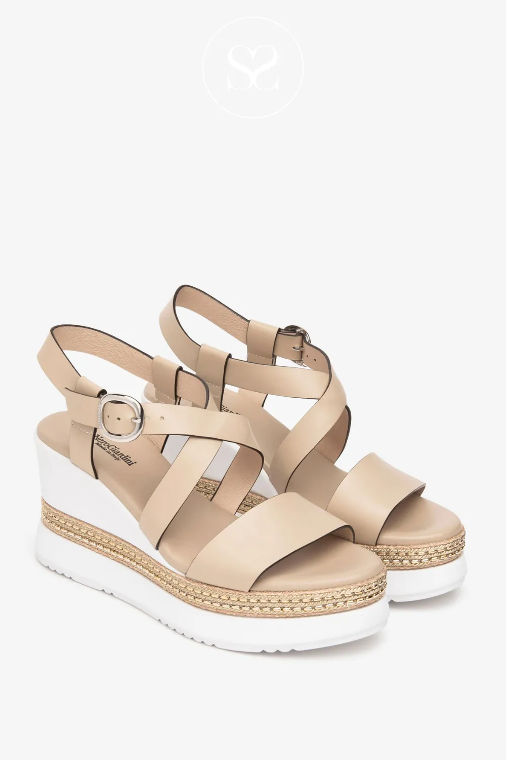 NERO GIARDINI E513550D CAMEL LEATHER WEDGE SANDALS