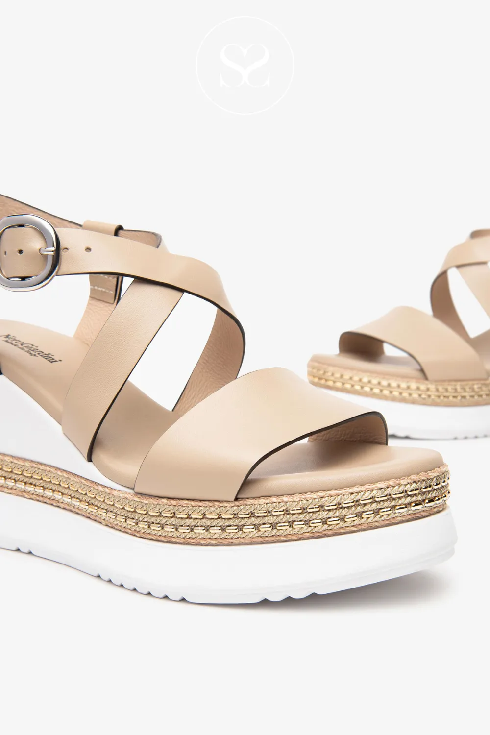NERO GIARDINI E513550D CAMEL LEATHER WEDGE SANDALS