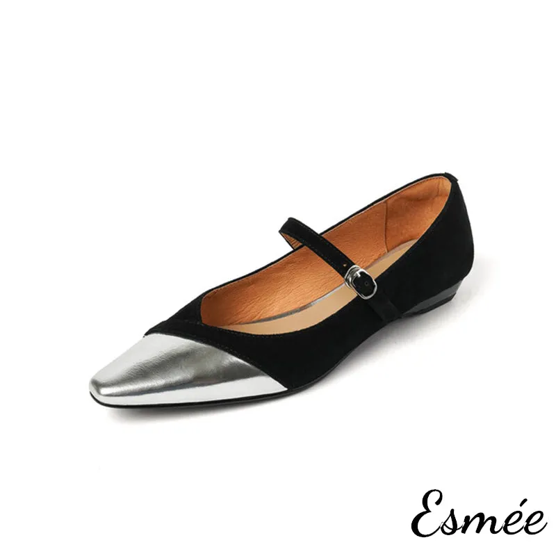 Suede Maryjanes with Wedge Heels and Metallic Toe Cap