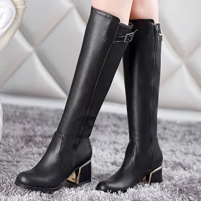 Women's Buckle Chunky High Heel Knee High Boots